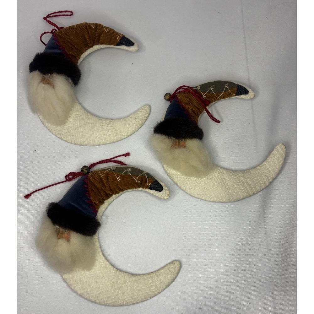 Set Of 3 Vintage Santa Claus Crescent Moon Ornament Hanging Christmas Homemade